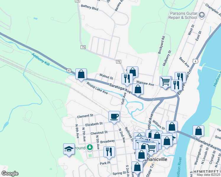 map of restaurants, bars, coffee shops, grocery stores, and more near 213 Saratoga Avenue in Mechanicville