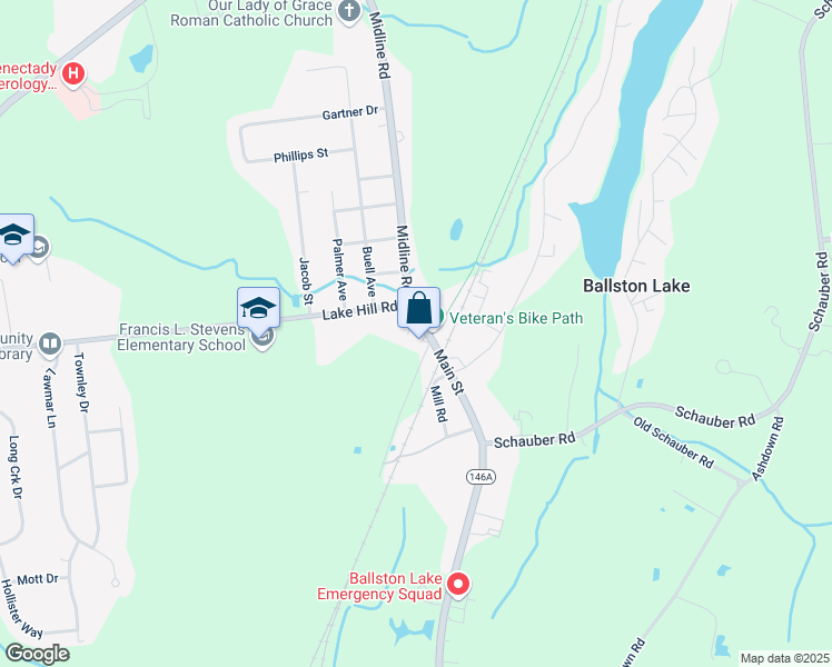 map of restaurants, bars, coffee shops, grocery stores, and more near 10 Main Street in Ballston Lake