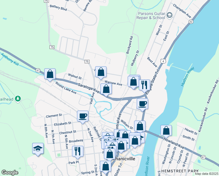 map of restaurants, bars, coffee shops, grocery stores, and more near 27 Leonard Street in Mechanicville