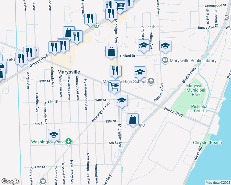 map of restaurants, bars, coffee shops, grocery stores, and more near 1348 Michigan Avenue in Marysville