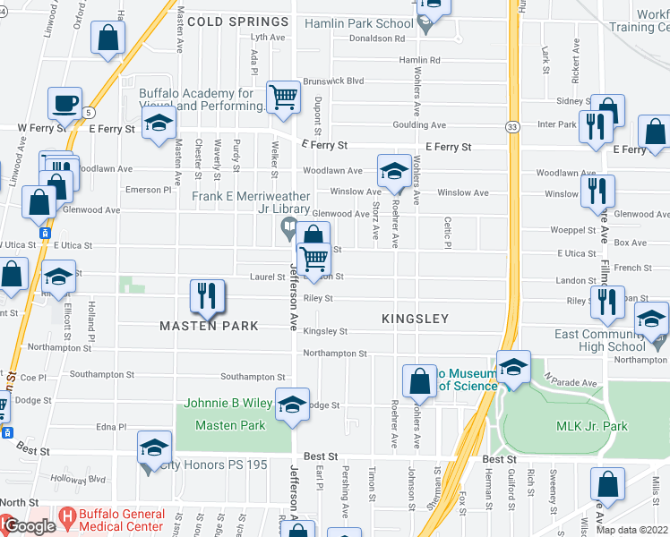 map of restaurants, bars, coffee shops, grocery stores, and more near 52 Landon Street in Buffalo