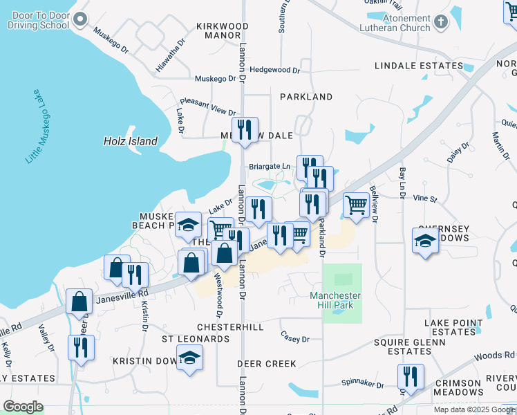 map of restaurants, bars, coffee shops, grocery stores, and more near W171S7452 Lannon Drive in Muskego