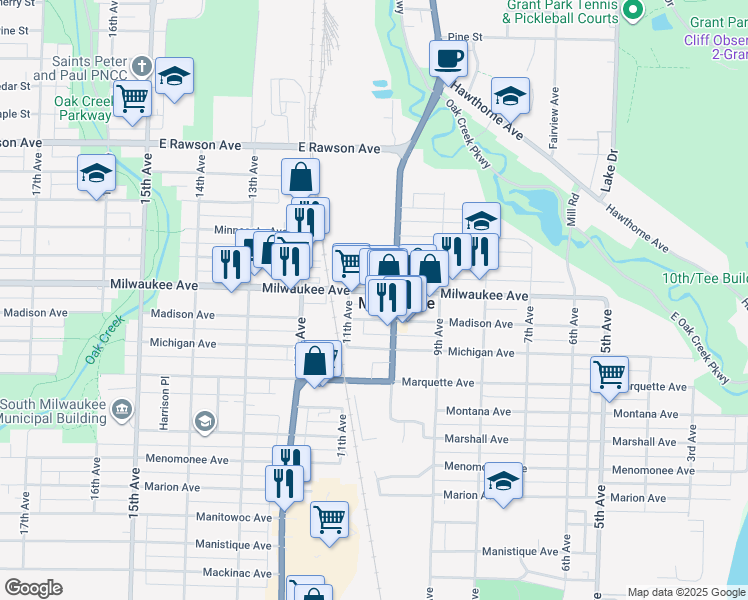 map of restaurants, bars, coffee shops, grocery stores, and more near in South Milwaukee