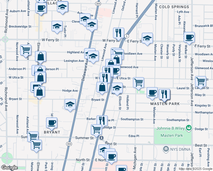 map of restaurants, bars, coffee shops, grocery stores, and more near 1348 Main St in Buffalo