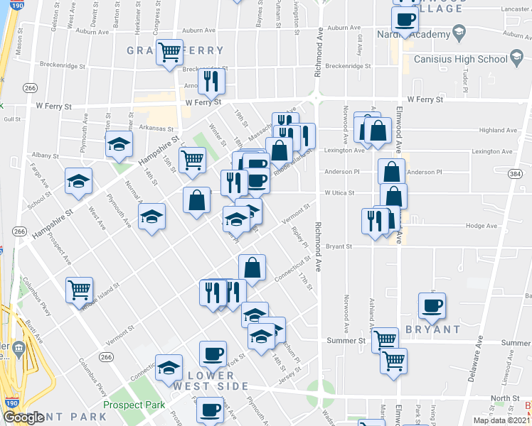 map of restaurants, bars, coffee shops, grocery stores, and more near 26 Brayton Street in Buffalo