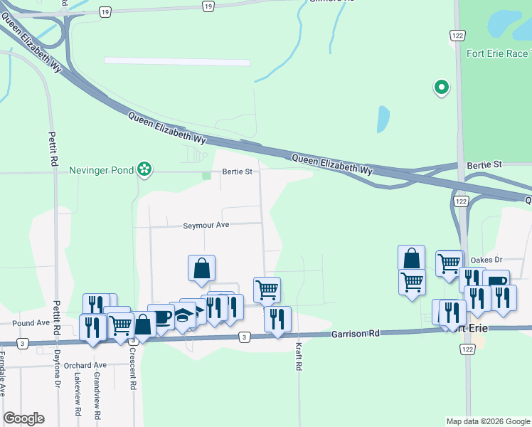 map of restaurants, bars, coffee shops, grocery stores, and more near 1250 Spears Road in Fort Erie