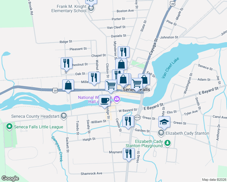 map of restaurants, bars, coffee shops, grocery stores, and more near 133 Fall Street in Seneca Falls