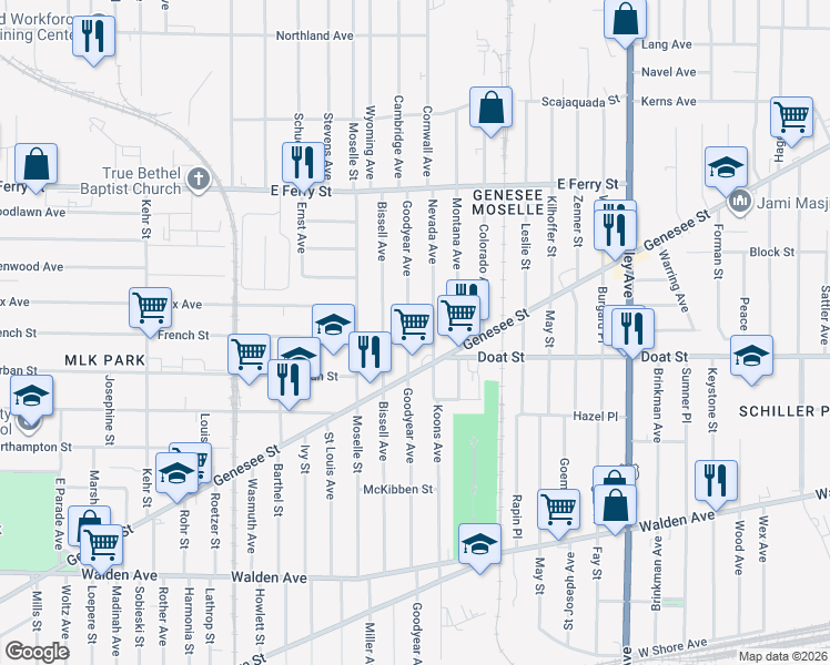 map of restaurants, bars, coffee shops, grocery stores, and more near 523 Goodyear Avenue in Buffalo