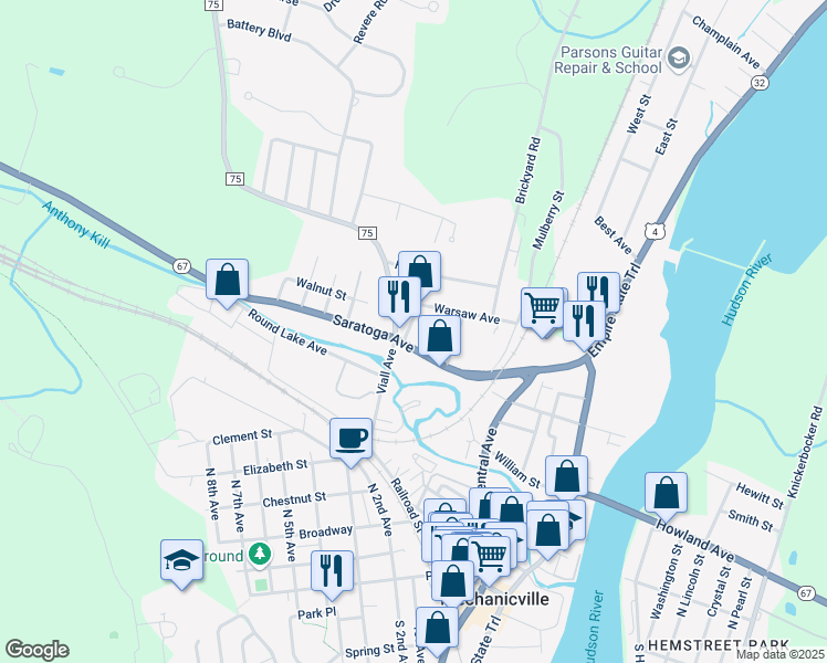 map of restaurants, bars, coffee shops, grocery stores, and more near 21 Farrell Street in Mechanicville