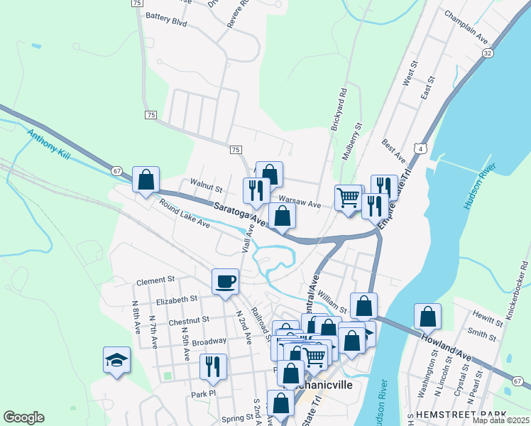 map of restaurants, bars, coffee shops, grocery stores, and more near 21 Farrell Street in Mechanicville