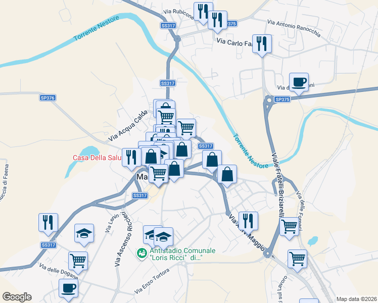 map of restaurants, bars, coffee shops, grocery stores, and more near 17 Via Cavour in Marsciano