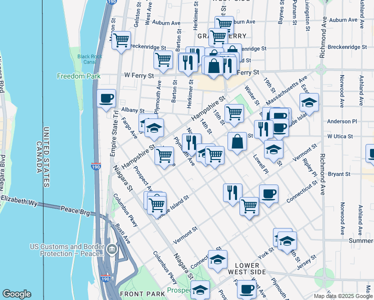 map of restaurants, bars, coffee shops, grocery stores, and more near 501 Plymouth Avenue in Buffalo