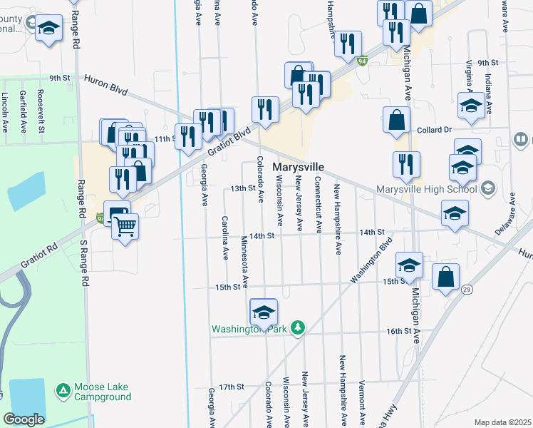 map of restaurants, bars, coffee shops, grocery stores, and more near 1335 Colorado Avenue in Marysville