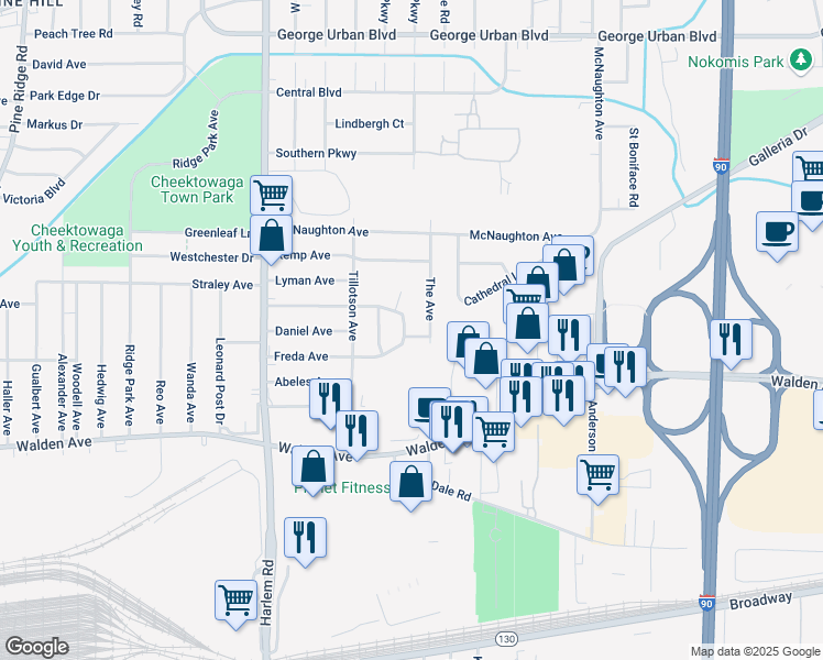 map of restaurants, bars, coffee shops, grocery stores, and more near 125 Freda Avenue in Cheektowaga