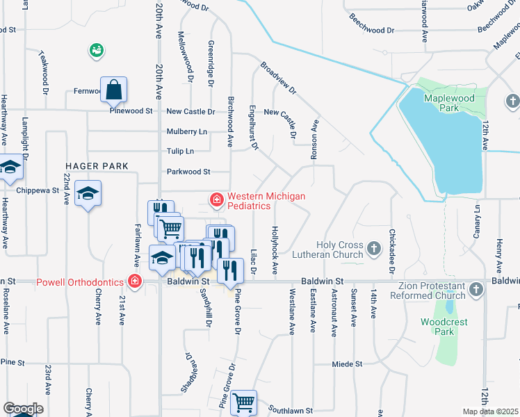map of restaurants, bars, coffee shops, grocery stores, and more near 7795 Hollyhock Avenue in Georgetown Township