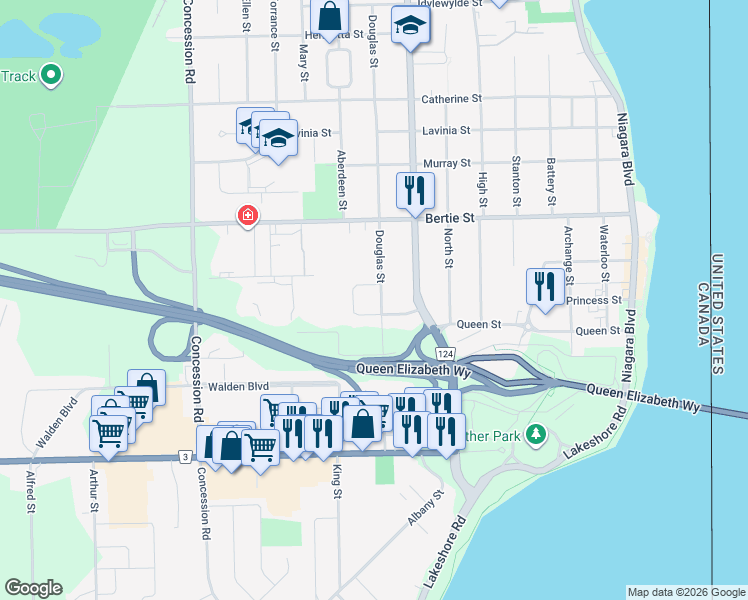 map of restaurants, bars, coffee shops, grocery stores, and more near 238 Douglas Street in Fort Erie