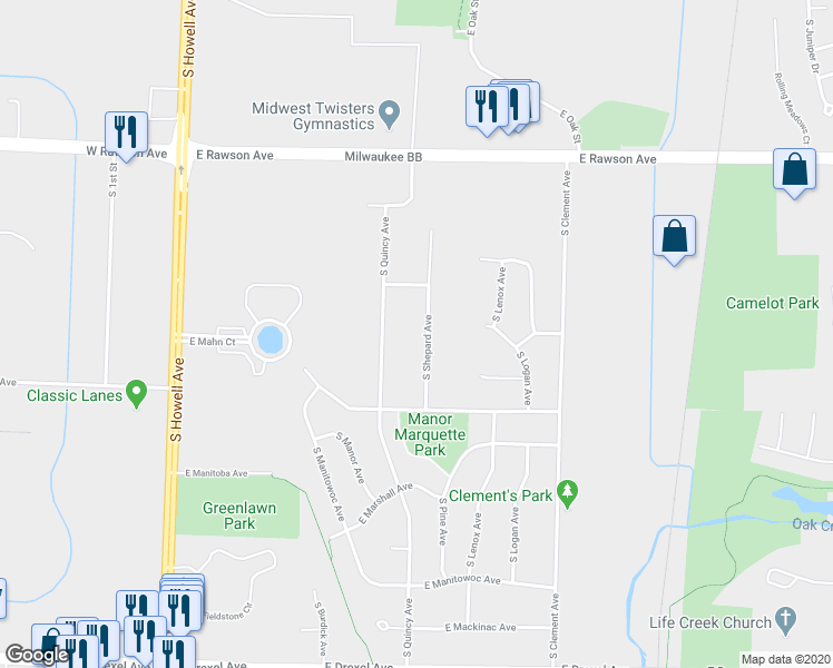 map of restaurants, bars, coffee shops, grocery stores, and more near 7357 South Shepard Avenue in Oak Creek