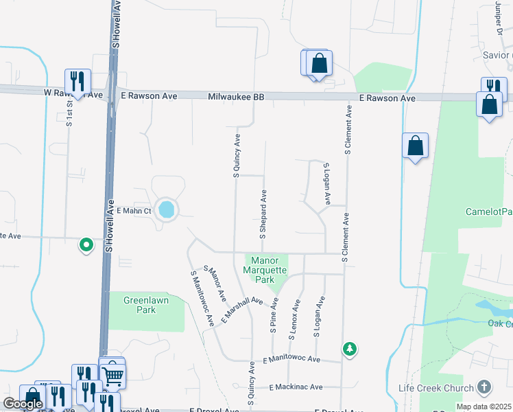 map of restaurants, bars, coffee shops, grocery stores, and more near 7357 South Shepard Avenue in Oak Creek