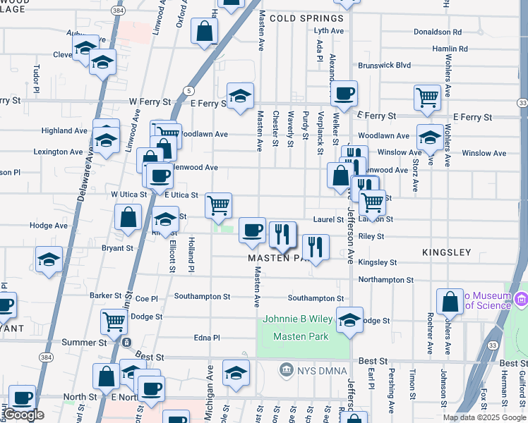 map of restaurants, bars, coffee shops, grocery stores, and more near 301 Masten Avenue in Buffalo