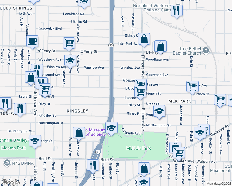 map of restaurants, bars, coffee shops, grocery stores, and more near 904 Humboldt Parkway in Buffalo