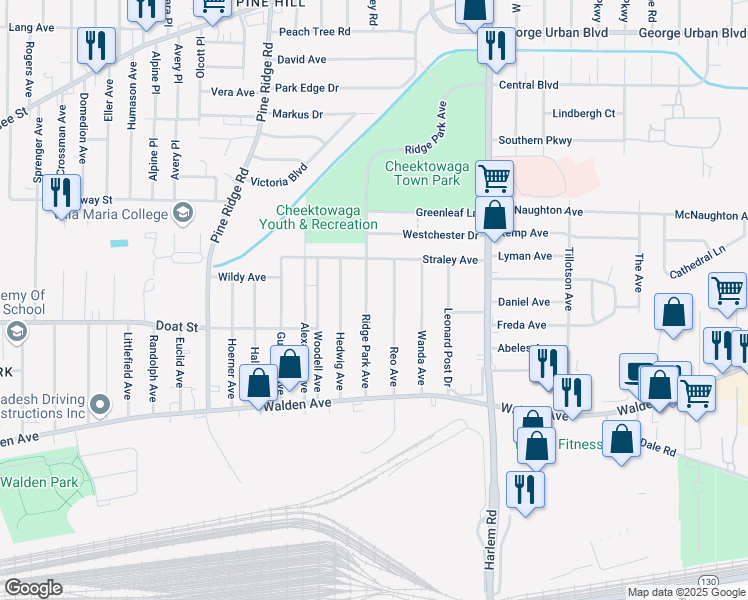 map of restaurants, bars, coffee shops, grocery stores, and more near 105 Ridge Park Avenue in Buffalo
