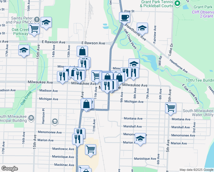 map of restaurants, bars, coffee shops, grocery stores, and more near 1003 Milwaukee Avenue in South Milwaukee