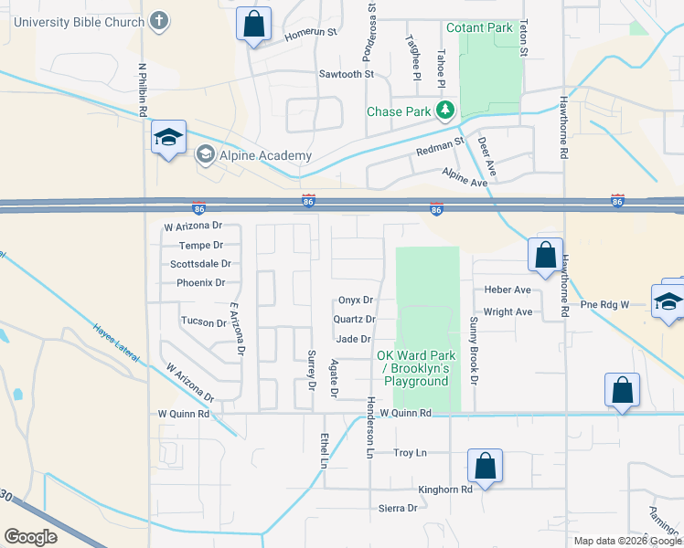 map of restaurants, bars, coffee shops, grocery stores, and more near 1622 Roy Street in Pocatello