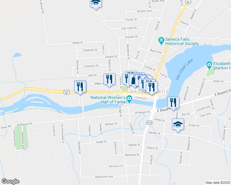 map of restaurants, bars, coffee shops, grocery stores, and more near 153 Fall Street in Seneca Falls