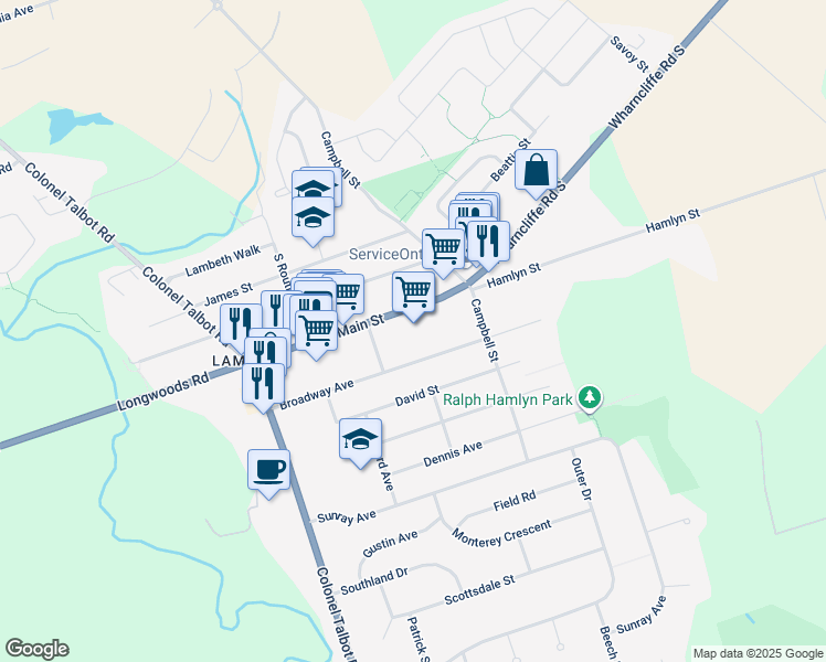 map of restaurants, bars, coffee shops, grocery stores, and more near 2386 Main Street in London