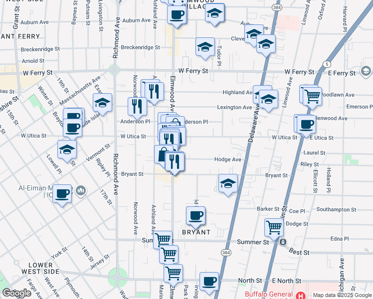map of restaurants, bars, coffee shops, grocery stores, and more near 499 Elmwood Avenue in Buffalo