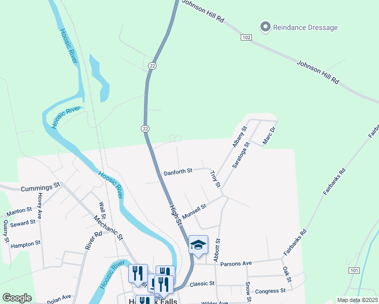 map of restaurants, bars, coffee shops, grocery stores, and more near 3 Scott Lane in Hoosick Falls