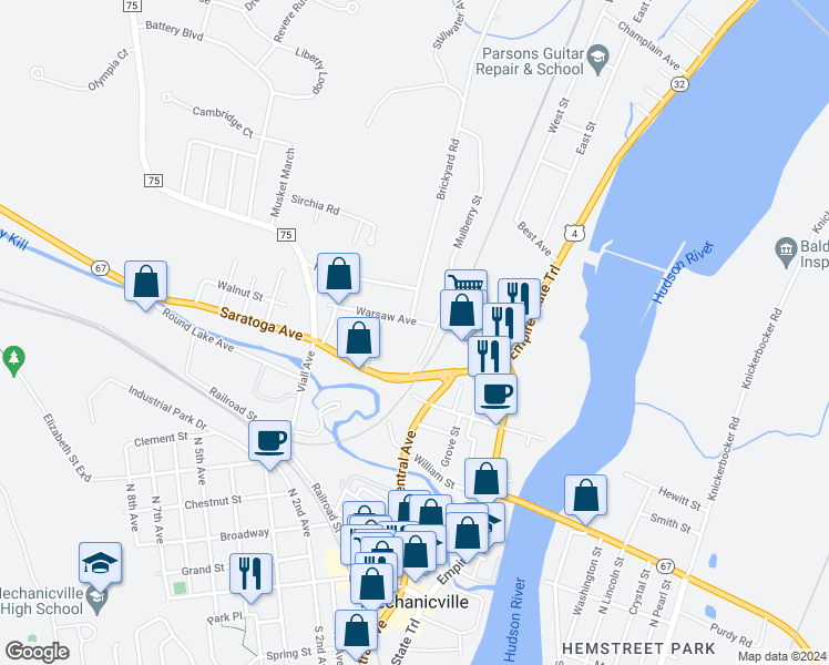 map of restaurants, bars, coffee shops, grocery stores, and more near 17 Warsaw Avenue in Mechanicville