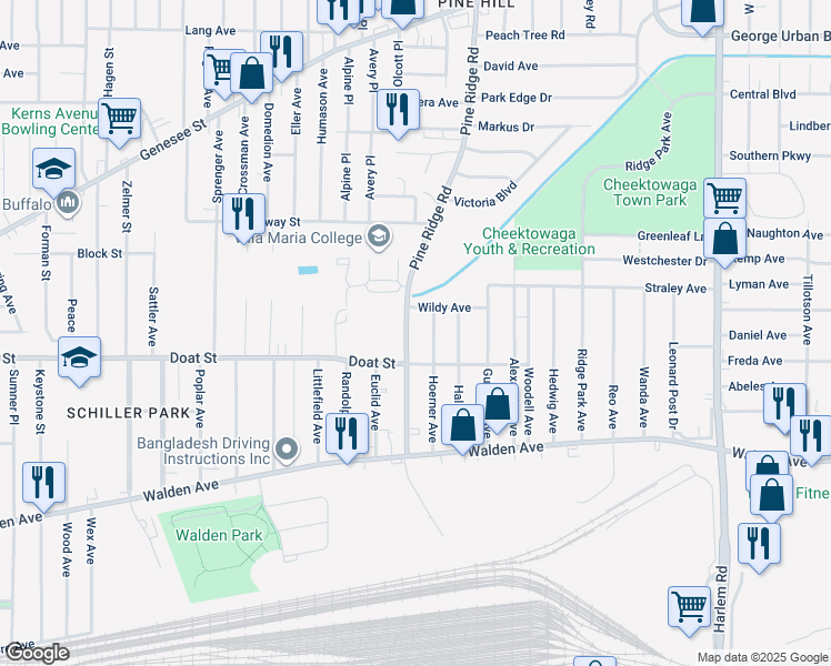 map of restaurants, bars, coffee shops, grocery stores, and more near 123 Pine Ridge Road in Buffalo