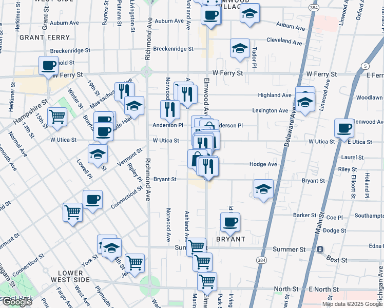 map of restaurants, bars, coffee shops, grocery stores, and more near 208 Ashland Avenue in Buffalo