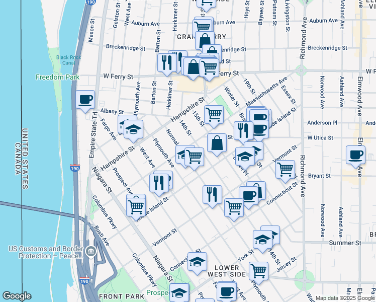 map of restaurants, bars, coffee shops, grocery stores, and more near 236 Massachusetts Avenue in Buffalo
