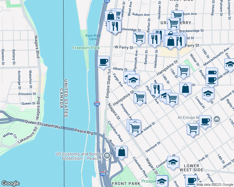 map of restaurants, bars, coffee shops, grocery stores, and more near 907 Prospect Avenue in Buffalo