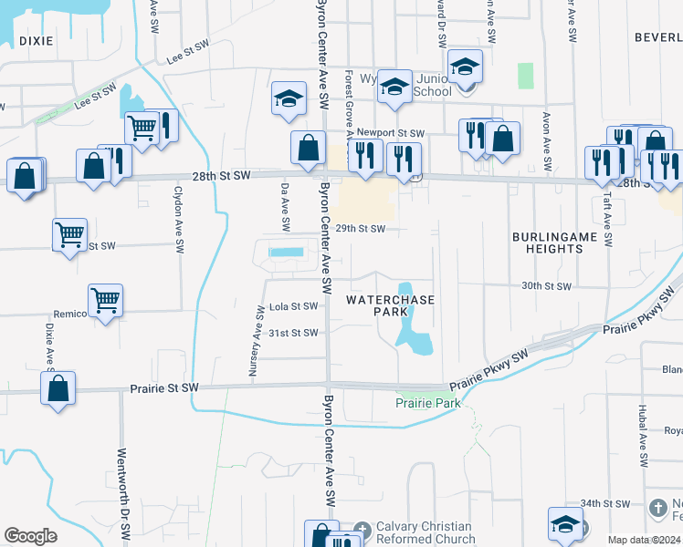 map of restaurants, bars, coffee shops, grocery stores, and more near 2365 30th Street Southwest in Wyoming