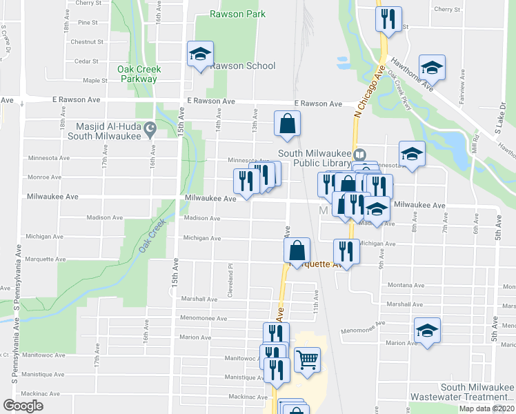 map of restaurants, bars, coffee shops, grocery stores, and more near 1301 Milwaukee Avenue in South Milwaukee