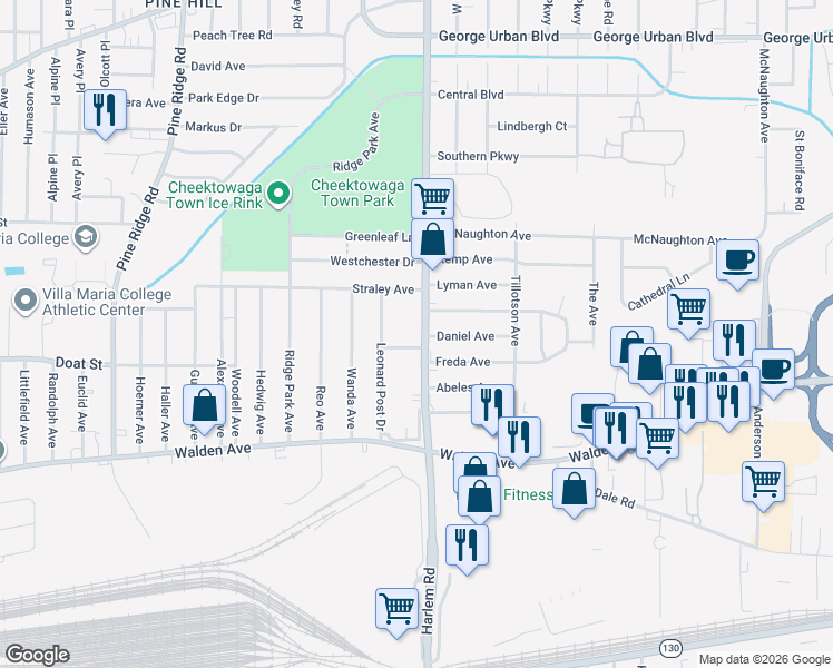 map of restaurants, bars, coffee shops, grocery stores, and more near 2454 Harlem Road in Cheektowaga