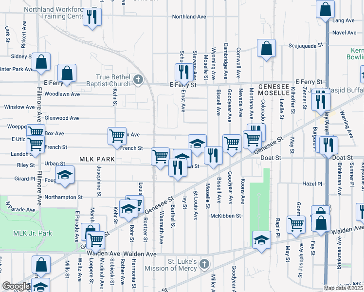 map of restaurants, bars, coffee shops, grocery stores, and more near 334 French Street in Buffalo