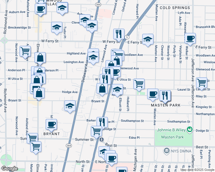 map of restaurants, bars, coffee shops, grocery stores, and more near 1348 Main Street in Buffalo