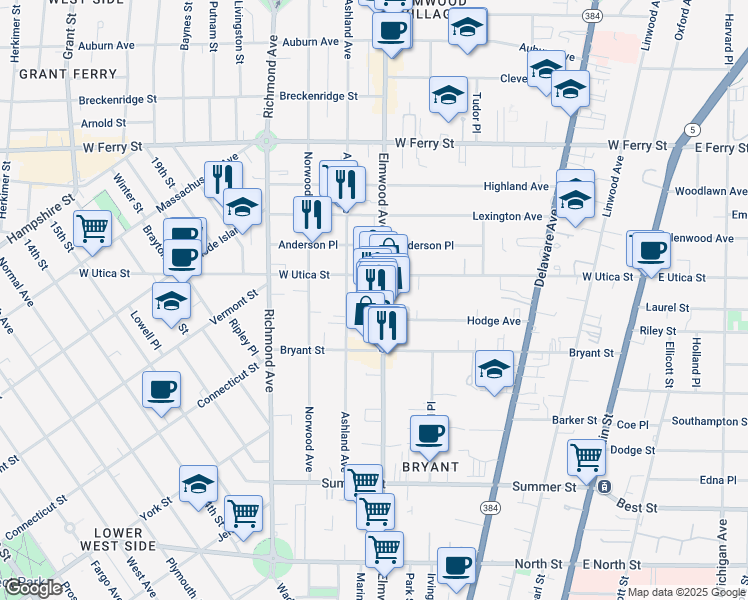 map of restaurants, bars, coffee shops, grocery stores, and more near 494 Elmwood Avenue in Buffalo