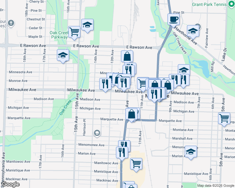 map of restaurants, bars, coffee shops, grocery stores, and more near 1209 Milwaukee Avenue in South Milwaukee