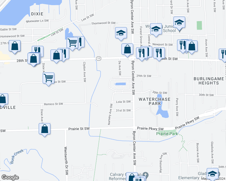 map of restaurants, bars, coffee shops, grocery stores, and more near 2917 Byron Center Avenue Southwest in Wyoming