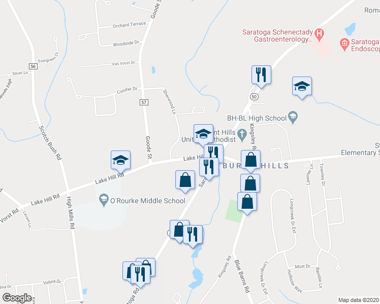 map of restaurants, bars, coffee shops, grocery stores, and more near 134 Lake Hill Road in Ballston