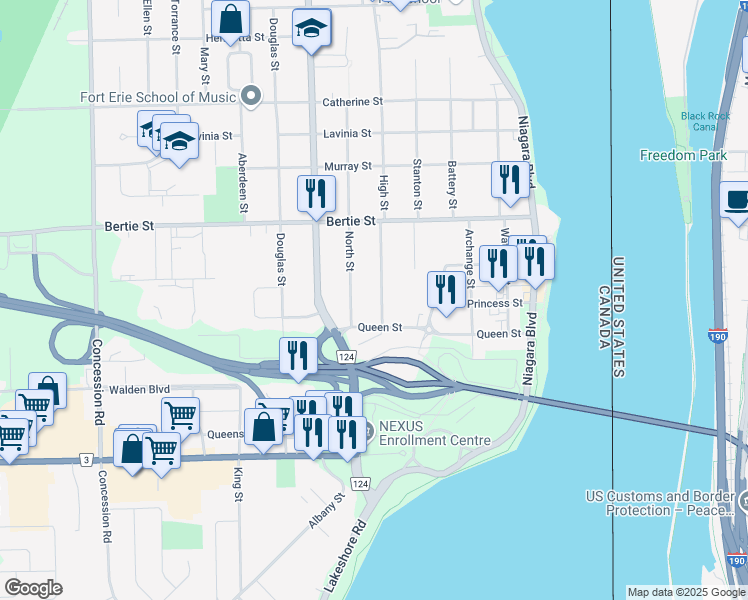 map of restaurants, bars, coffee shops, grocery stores, and more near 272 High Street in Fort Erie