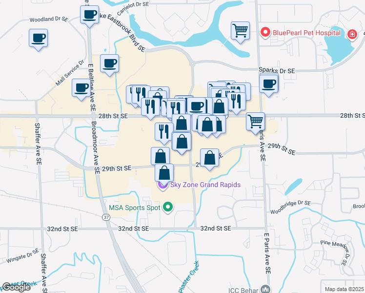 map of restaurants, bars, coffee shops, grocery stores, and more near 2855 Lake Eastbrook Boulevard Southeast in Grand Rapids