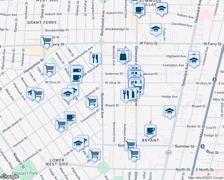 map of restaurants, bars, coffee shops, grocery stores, and more near 208 Norwood Avenue in Buffalo