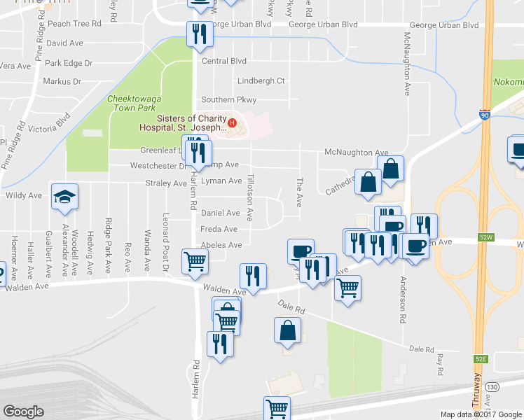 map of restaurants, bars, coffee shops, grocery stores, and more near 26 Paradise Court in Buffalo