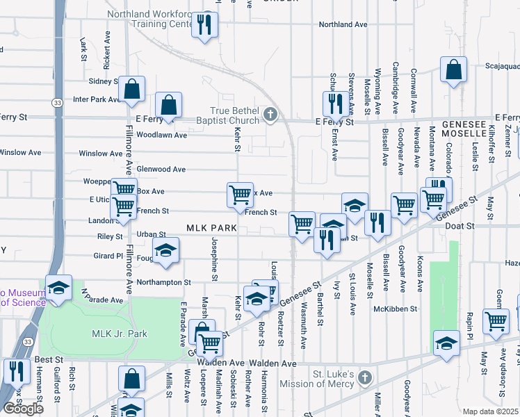 map of restaurants, bars, coffee shops, grocery stores, and more near 212 French Street in Buffalo